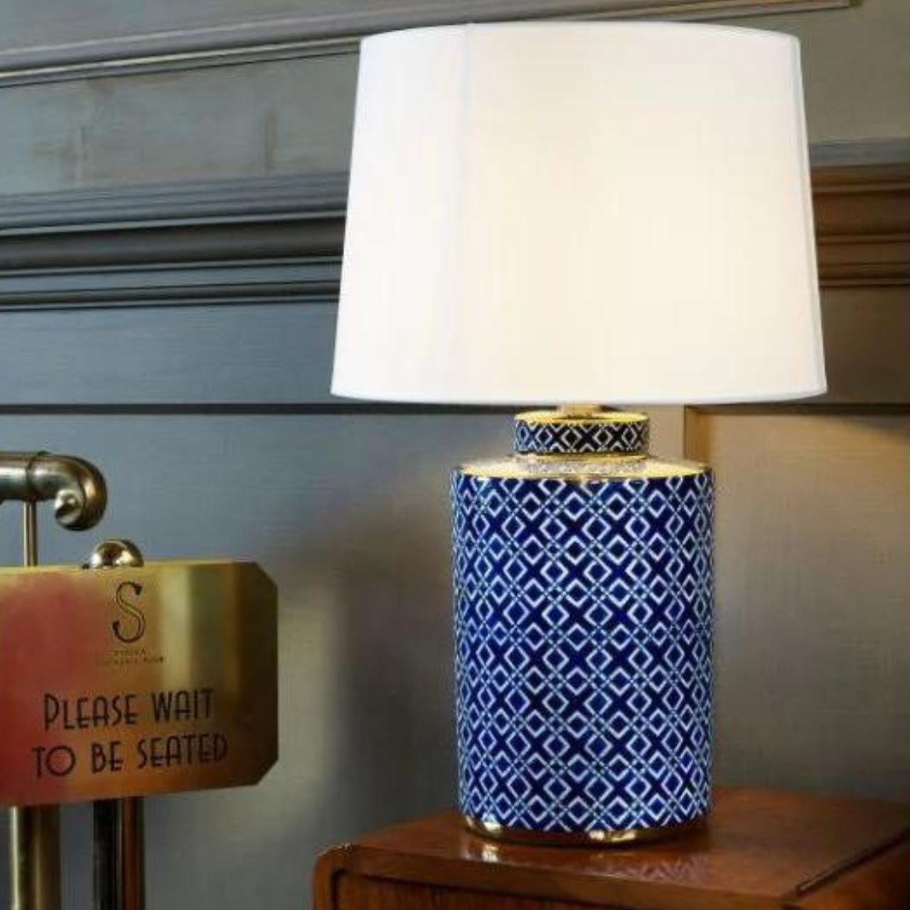 Mindy Brownes Marseille Lamp  Mindy Brownes Lamp - Gorgeous geometric blue and white styled lamp with brass base.