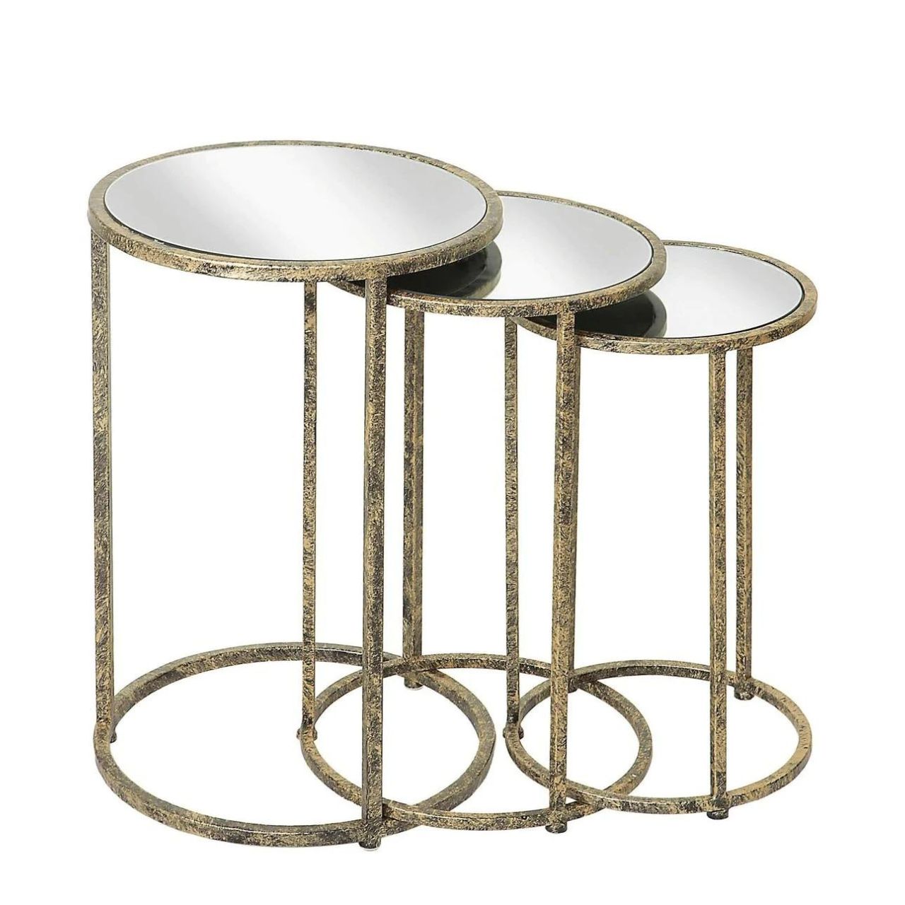Mindy Brownes Mirror Top Nest of Tables Set of 3  Three Pod Tables that neatly stack on top of one another. Champagne gold colour in finish and a mirror top. A beautiful addition to any home. These tables only stack on top of one another, or side by side, underneath bars should not be crossed. 