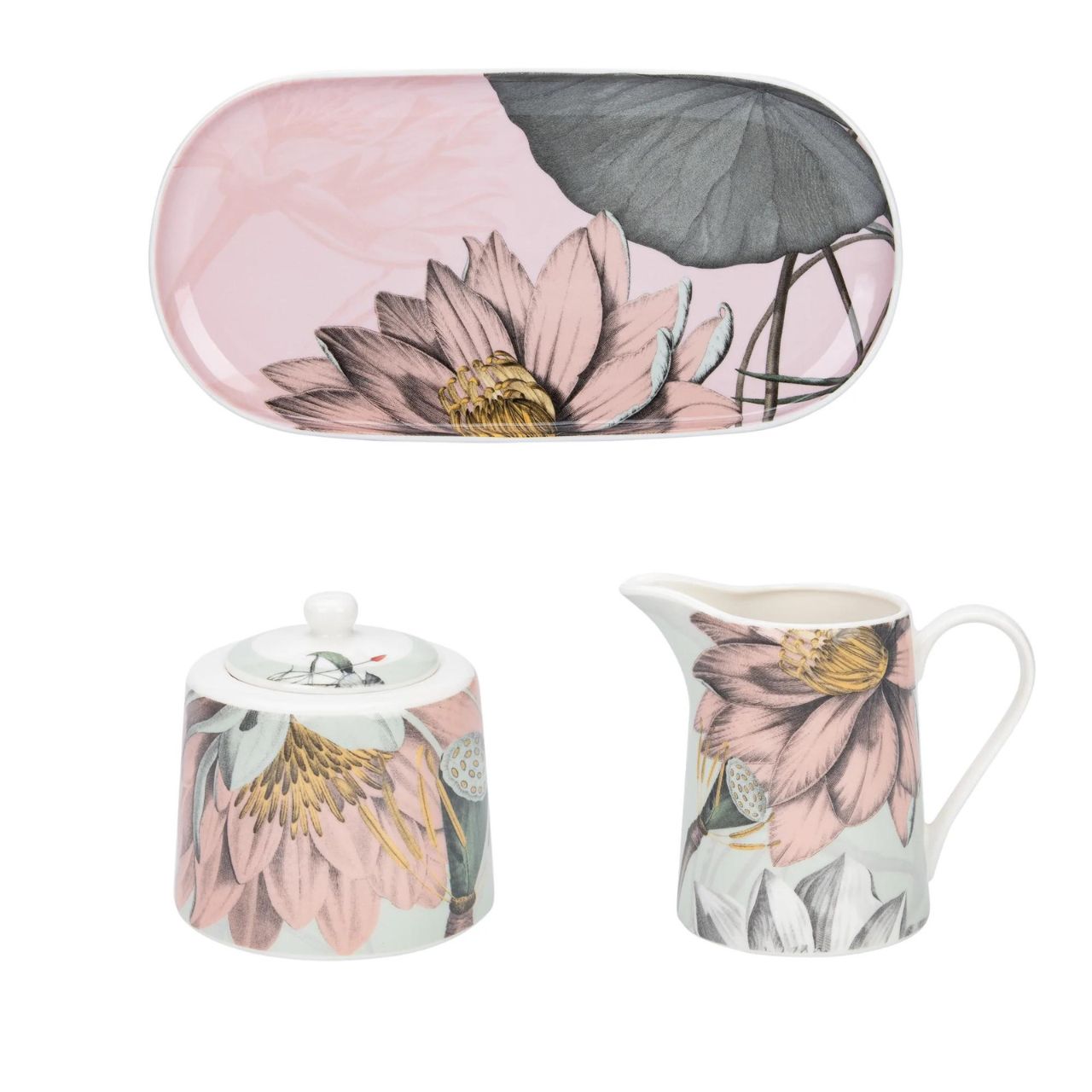 Natures Bloom Sugar Bowl, Creamer and Serving Tray Set  A beautiful set depicting gorgeous flowers in pink, blue and green.  - Ideal house warming gift, new home, birthday or general occasion. - Part Of Our Nature Bloom Collection