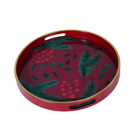 Christmas Red Berry Tray by Mindy Brownes Interiors  A stunning circular tray, with a rich red surround, gold rim, and a Christmas design in red, green, and gold. An ideal styling accessory this Christmas season.