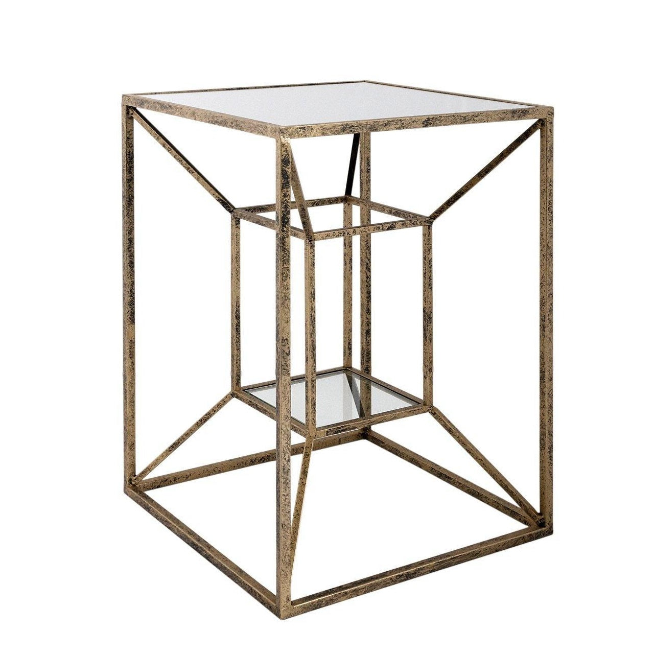 Mindy Brownes Interiors Solomon Side Table  Solomon Side Table  Gold and black framed side table with mirrored top and glass bottom shelf.