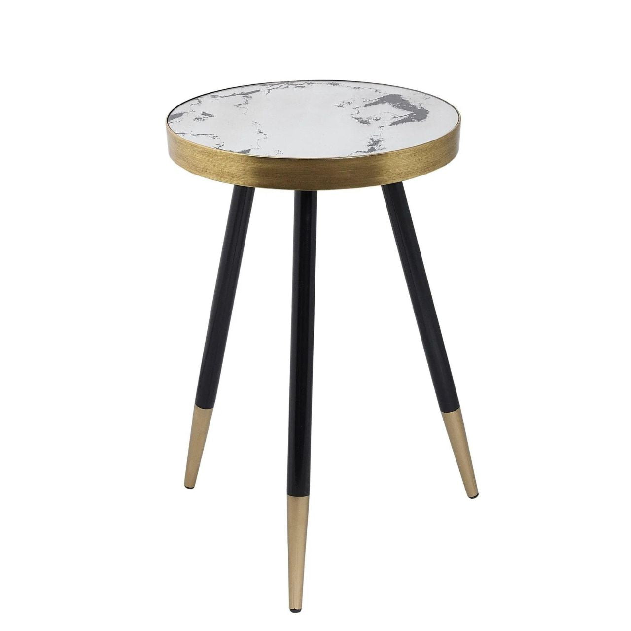 Mindy Brownes Vega Side Table  Black painted leg with gold tip and surround, 37cm diameter side table, mirrored top with distressed grey swirl patterned top. Can be styled solo or as part of a collaboration with the Palm, Bellatrix & Venus side tables for the ultimate styling effect.