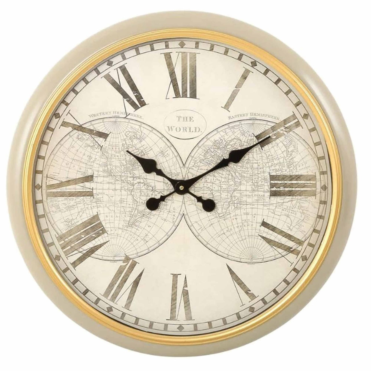 Mindy Brownes World Clock  A clock for those who love to travel, beautiful map details on this clock finished, an ornate style finished with roman numerals.