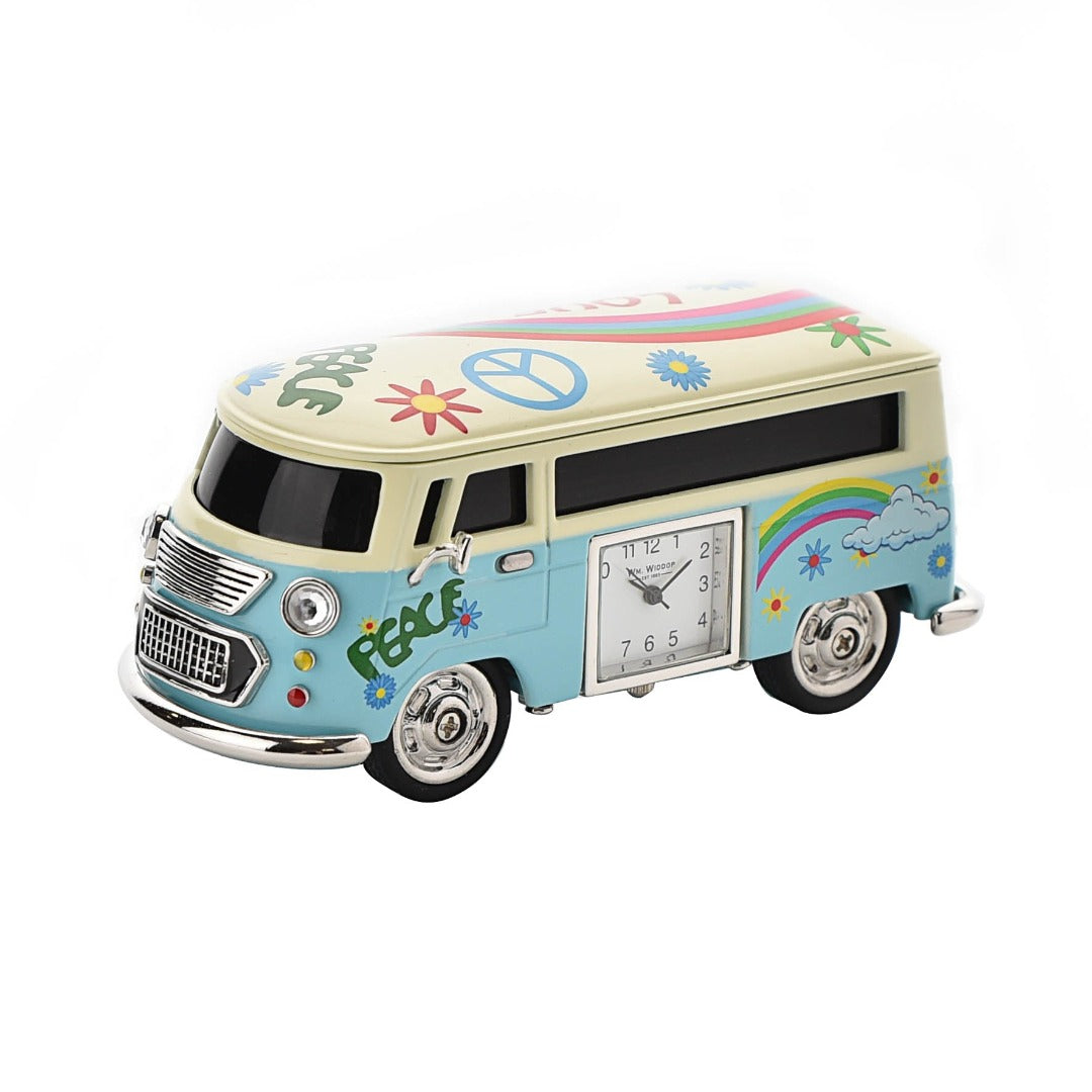 Miniature Clock Blue Camper Van by William Widdop  Bring a unique and quirky touch to the home with this stylish miniature clock made with great attention to detail. The miniature camper van clock is a great gift for a classic car enthusiast or someone with an interest in the 60s Hippie era. 