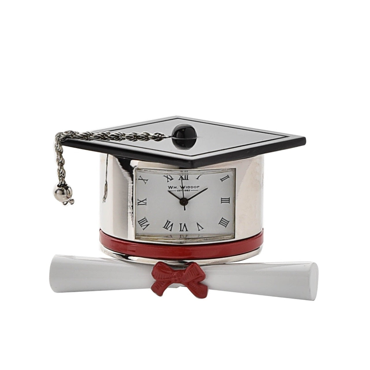 Miniature Clock Graduation Hat & Scroll  A graduation hat and scroll miniature clock from WILLIAM WIDDOP®.  Bring a unique and quirky touch to the home with this stylish miniature clock made with great attention to detail.