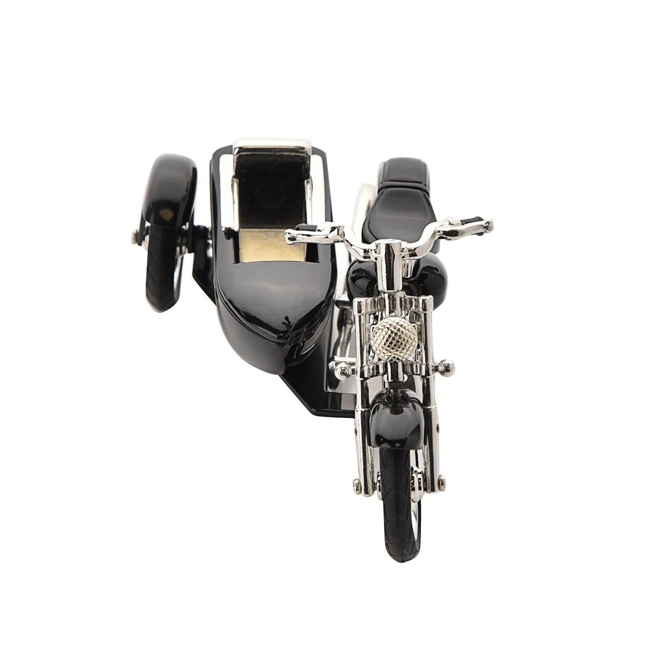 Miniature Clock - Motorbike & Sidecar Black  The intricately detailed die-cast chrome finish motorcycle features glossy black trim details and an Arabic dial clock face set below the fuel tank. The bike includes moving wheels and turntable handlebars. You can also detatch the sidecar if preferred.