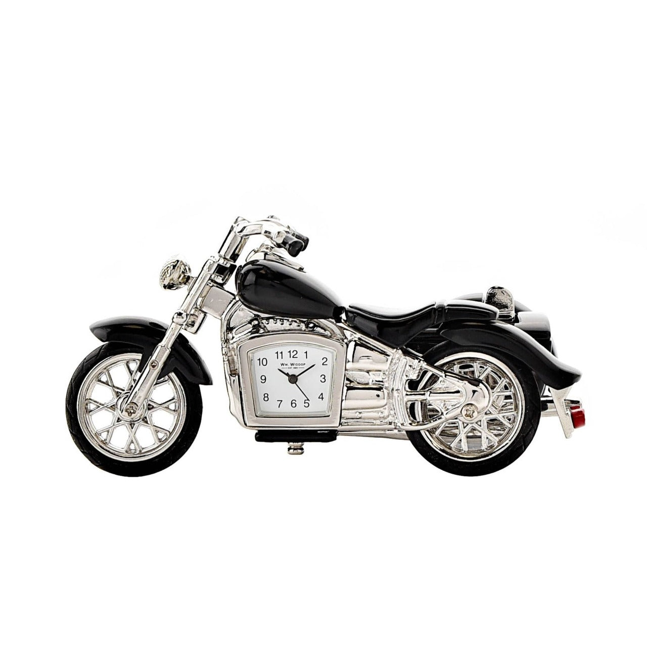 Miniature Clock - Motorbike & Sidecar Black  The intricately detailed die-cast chrome finish motorcycle features glossy black trim details and an Arabic dial clock face set below the fuel tank. The bike includes moving wheels and turntable handlebars. You can also detatch the sidecar if preferred.