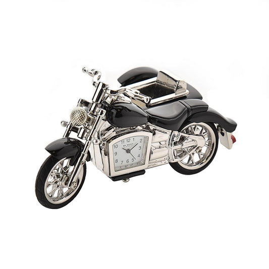 Miniature Clock - Motorbike & Sidecar Black  The intricately detailed die-cast chrome finish motorcycle features glossy black trim details and an Arabic dial clock face set below the fuel tank. The bike includes moving wheels and turntable handlebars. You can also detatch the sidecar if preferred.