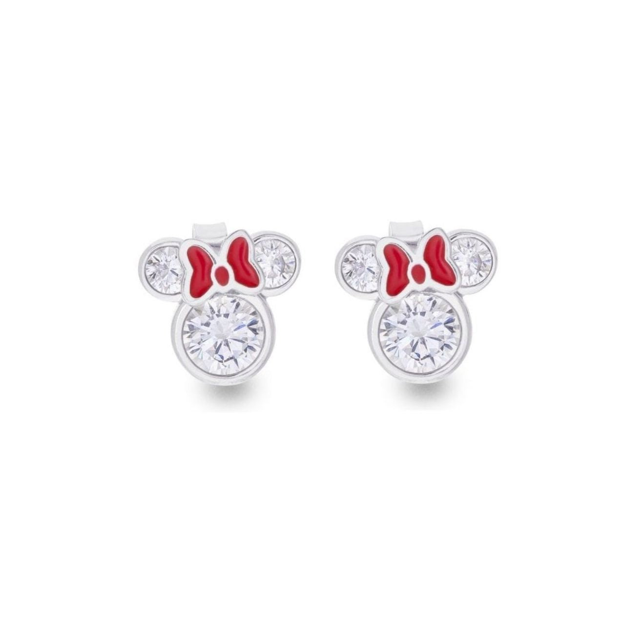 Peers Hardy Disney Minnie Mouse Sterling Silver CZ Crystals With Red Bow Stud Earrings  Very pretty and charming Minnie Mouse shaped earrings with Cubic Zirconia stones that gives them a diamond like sparkle for a classy and sophisticated look with a beautiful bright red bow.  Trendy and fashionable design, the Disney Minnie Mouse Cz Crystal Silver Stud Earrings add a chic, fun touch to any outfit.