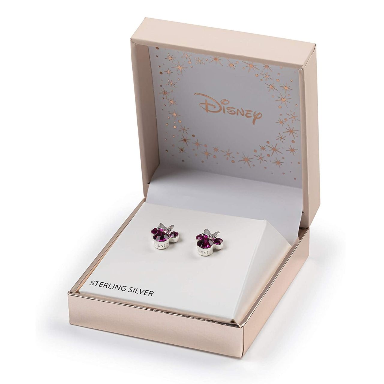 Disney Minnie Mouse Sterling Silver Birthstone Earrings Pink Rose  Pink Rose October Birthstone  Stunning silver Birthstone earrings form a silhouette of Minnie Mouse with pink rose CZ Crystals adding a feminine touch to the Disney classic piece of Jewellery.  Trendy and fashionable design, the Disney Minnie Mouse silhouette sterling silver earrings add a chic, fun touch to any outfit.