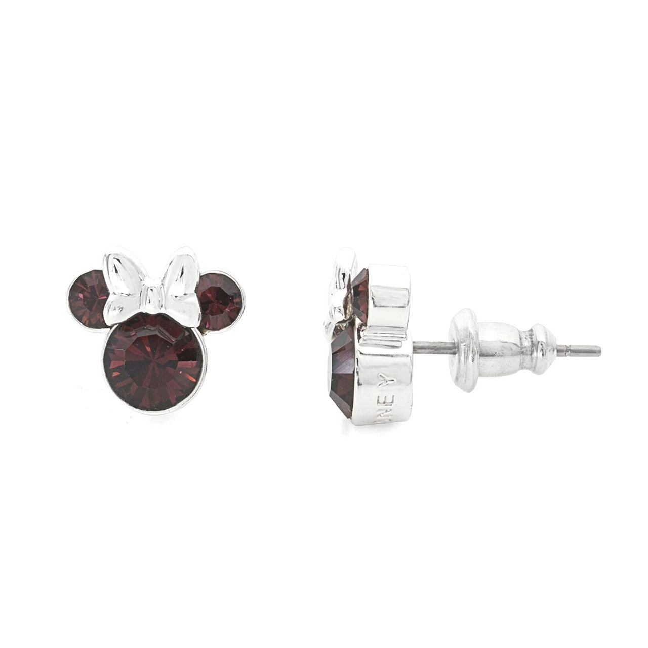 Disney Minnie Mouse Sterling Silver Birthstone Earrings Red  Red January Birthstone  Stunning silver Birthstone Earring form a silhouette of Minnie Mouse's with red CZ Crystals adding a feminine touch to the Disney classic piece of Jewellery.  Trendy and fashionable two tone design, the Disney Minnie Mouse Silhouette Sterling Silver earrings add a chic, fun touch to any outfit.