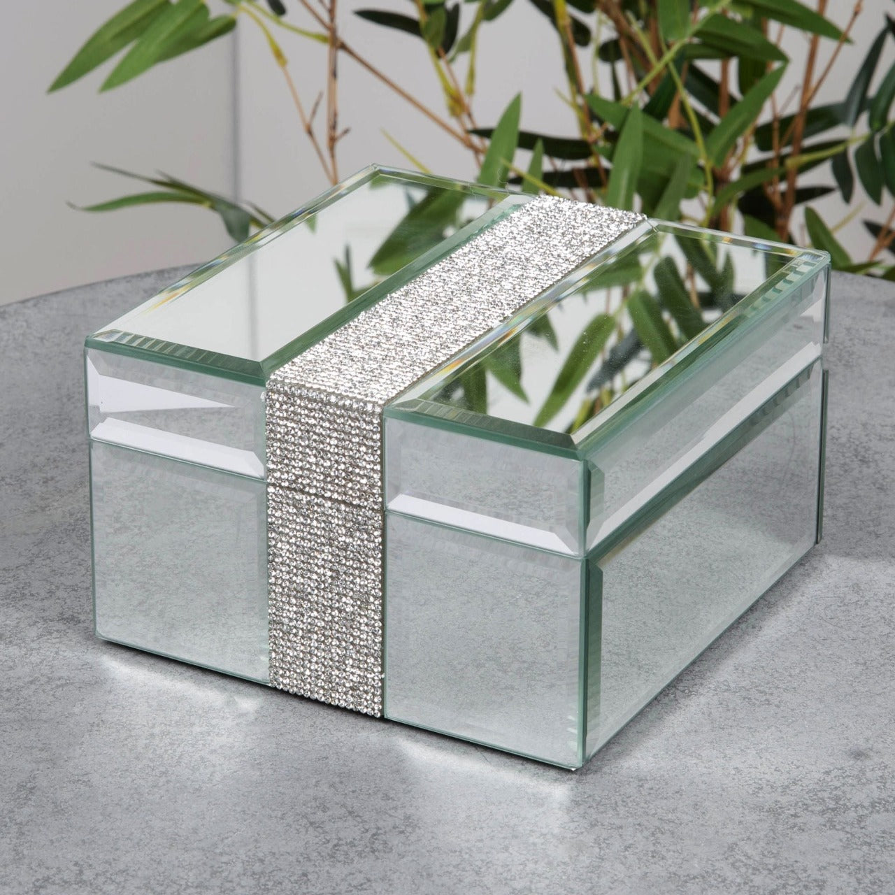 Mirror Jewellery Box with Diamante Band - Small  Store your jewellery and accessories in twinkling style with this diamante decorated mirror glass jewellery box. From the HESTIA® Silver Luxe collection - unparalleled glamour, style and elegance in contemporary home and gift.