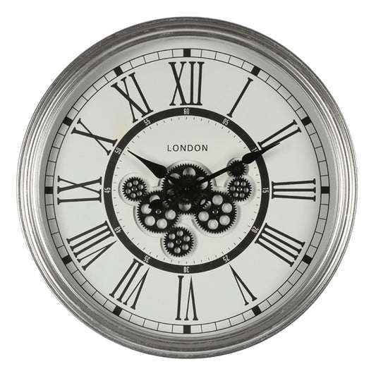 Clayre & Eef Modern Silver Wall Clock London Style  Wall Clock Ø 60*10 cm  Silver Round Hanging Clock Hanging Clock