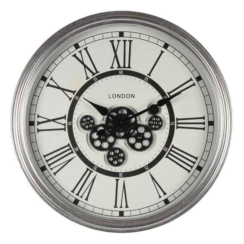 Clayre & Eef Modern Silver Wall Clock London Style  Wall Clock Ø 60*10 cm  Silver Round Hanging Clock Hanging Clock
