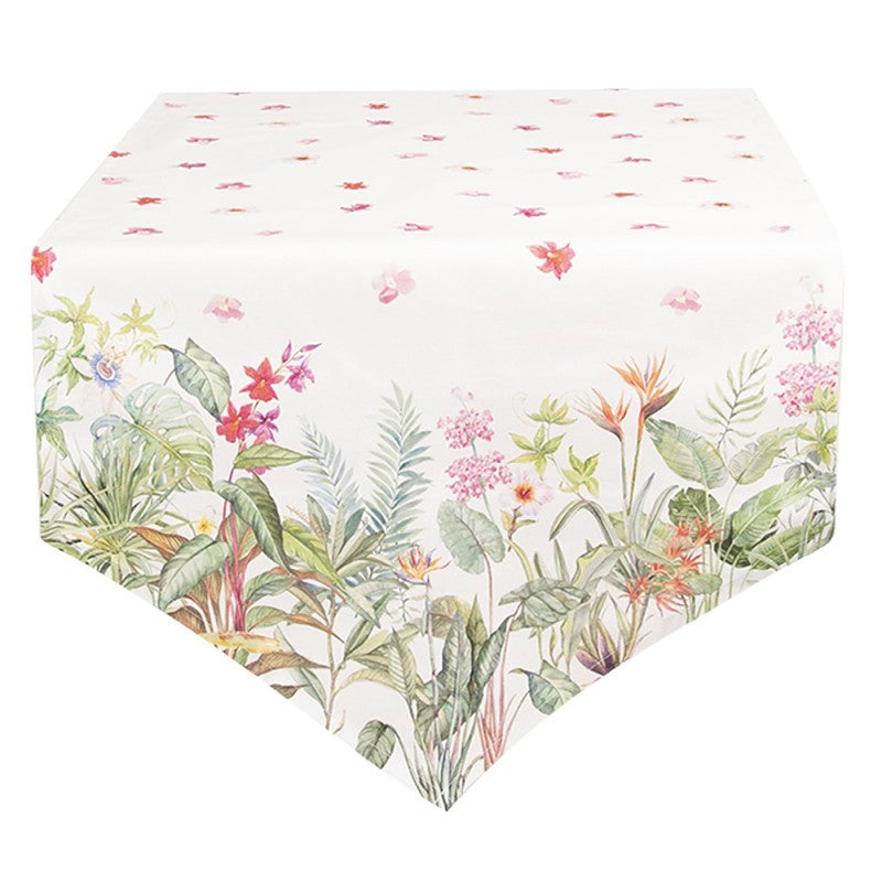 Clayre & Eef Modern Style Rectangle Tablecloth Runner Wild Flowers  White, Green, Pink Cotton Rectangle Tablecloth Table Cover  Table Runner 50*160 cm