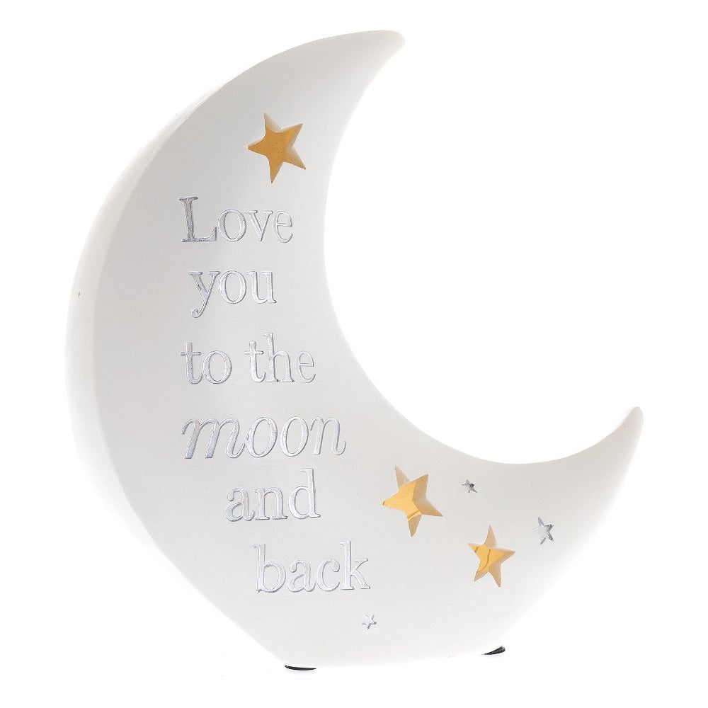Bambino Moon Shaped Resin Nightlight "Love you to the moon"  Light up your bambino's nursery just like they do your life with this precious resin nightlight.