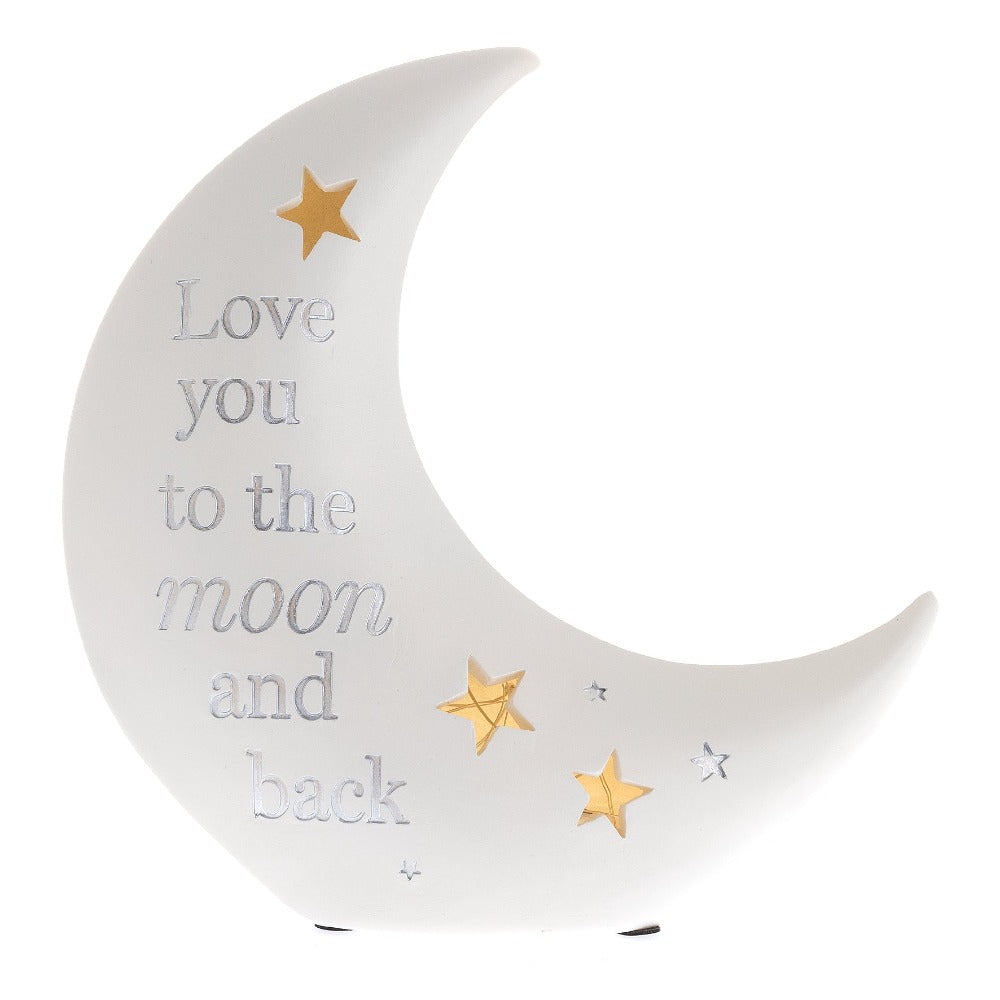 Bambino Moon Shaped Resin Nightlight "Love you to the moon"  Light up your bambino's nursery just like they do your life with this precious resin nightlight.