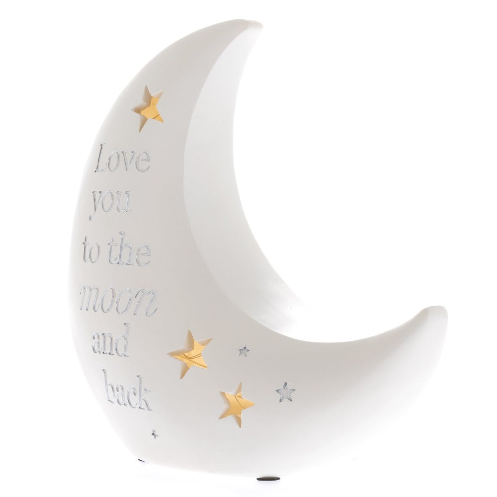 Bambino Moon Shaped Resin Nightlight "Love you to the moon"  Light up your bambino's nursery just like they do your life with this precious resin nightlight.