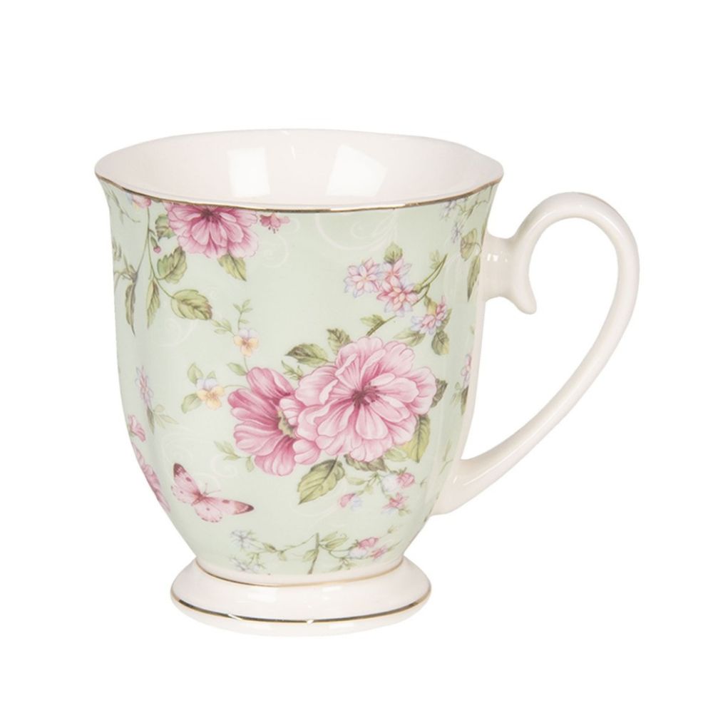 Clayre & Eef Country Style Green Pink Porcelain Flowers Mug  This Country Style Green Pink Porcelain Flowers Mug comes from Clayre & Eef, renowned for their high-quality materials and elegant yet unique design.