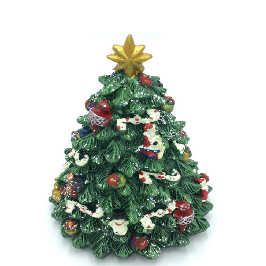 Musicbox World Musical Tree Small - Santa & Snowman  Decorated Christmas tree turns to the melody “O Christmas Tree”.  Silver glitter on the tree sparkles as the tree turns when wound up.