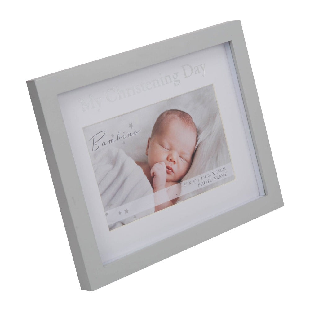 Bambino My Christening Day Frame 6" x 4" in Lidded Gift Box  This soft pastel grey border frame features a crisp, white personalisable mount with silver foil embossed titling. Includes a standing strut.