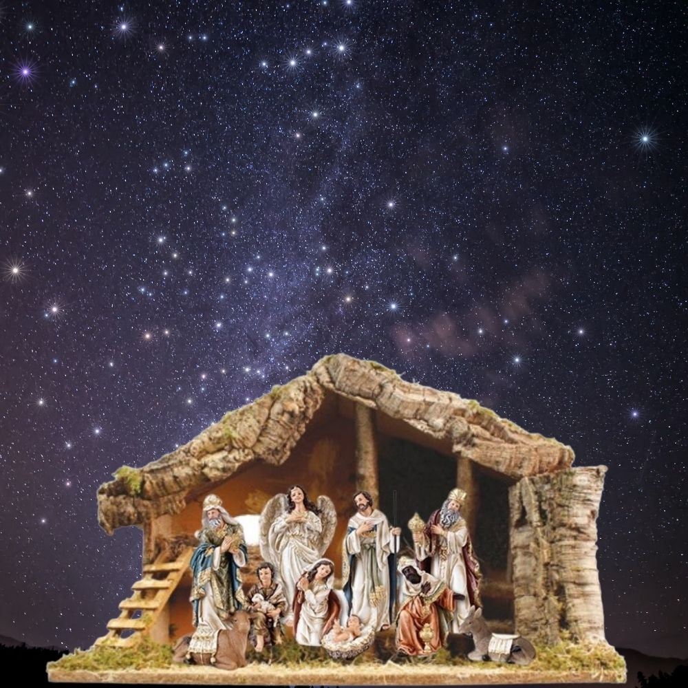 Nativity Set With Figures & Wooden Stable Backdrop  Nativity Set: 11 x resin 8” figures with gold highlights  Backdrop: Wood stable, Length 23”, Height 15.5” , Depth 12”