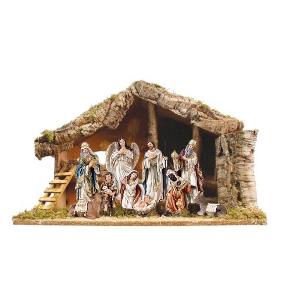 Nativity Set With Figures & Wooden Stable Backdrop  Nativity Set: 11 x resin 8” figures with gold highlights  Backdrop: Wood stable, Length 23”, Height 15.5” , Depth 12”