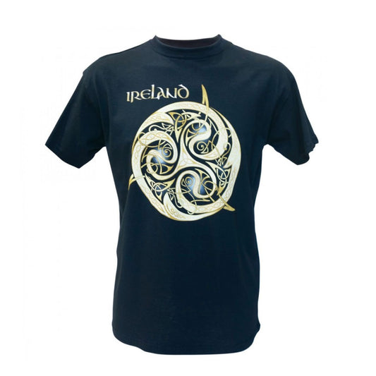Navy Celtic Knot T-Shirt  Navy cotton T-shirt is a part of the Traditional Craft Official Collection. It s a relaxed fit and features a large gold gradient print of a detailed Celtic knot and a small Ireland logo.