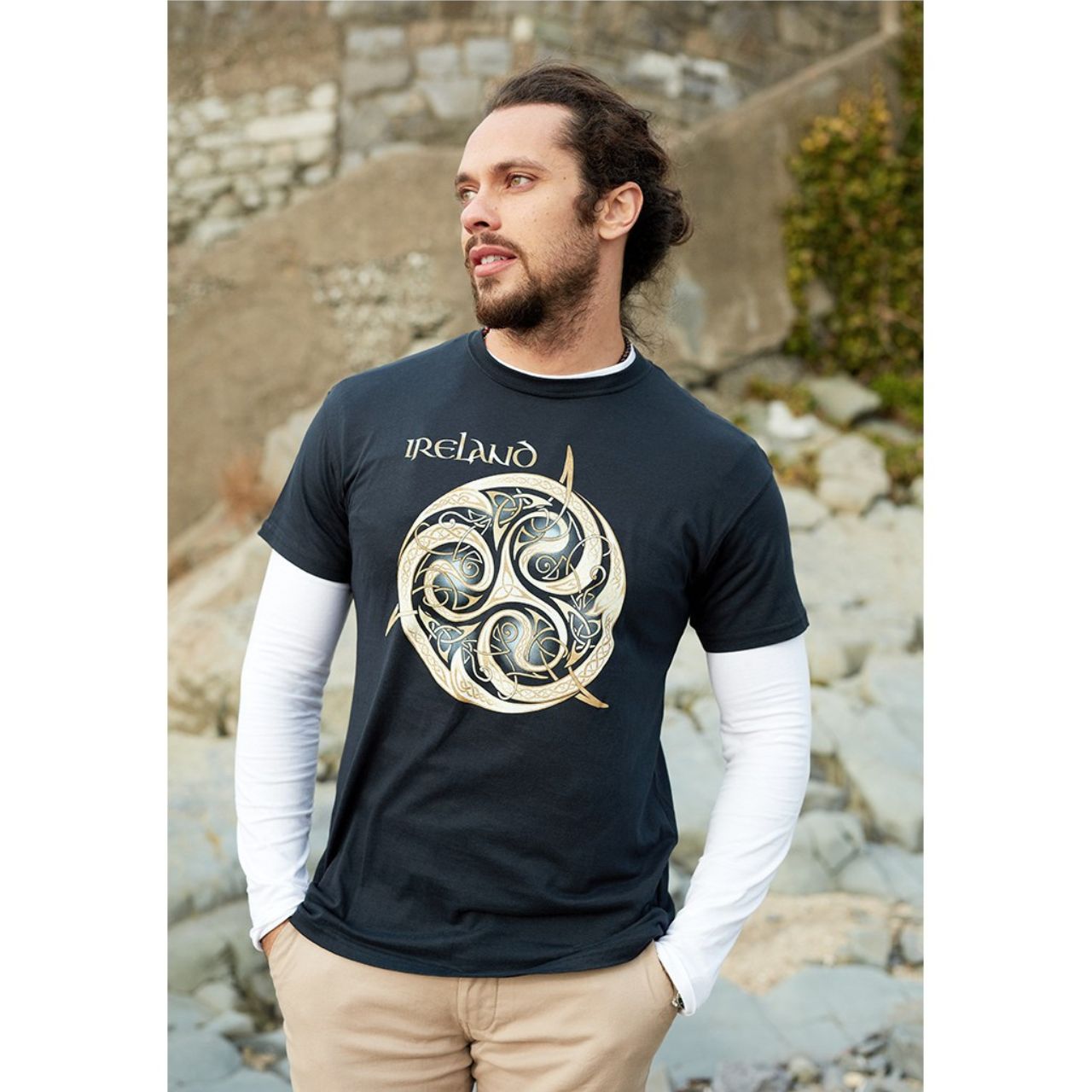 Navy Celtic Knot T-Shirt  Navy cotton T-shirt is a part of the Traditional Craft Official Collection. It s a relaxed fit and features a large gold gradient print of a detailed Celtic knot and a small Ireland logo.