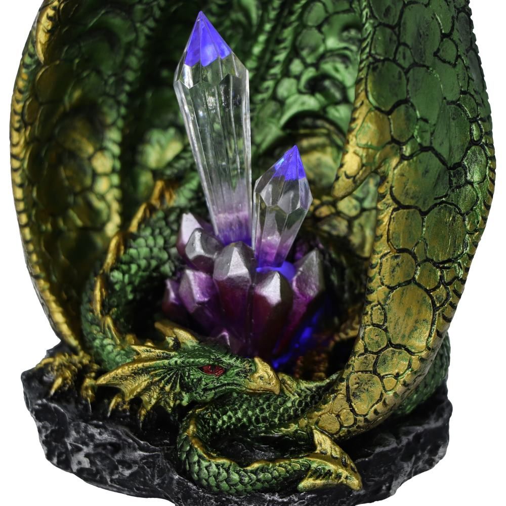 Nemesis Now Quartz Guard  Quartz Guard Green and Gold Dragon Crystal Light Up Figurine.  This emerald Dragon keeps his crimson eyes open for any intruders trying to steal his prized crystals.