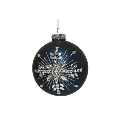 Kaemingk Christmas Night Blue Glass Bauble with Snowflake  Blue Pearl with Glitter Stripe Shatterproof Christmas Shiny Bauble Christmas Ornament