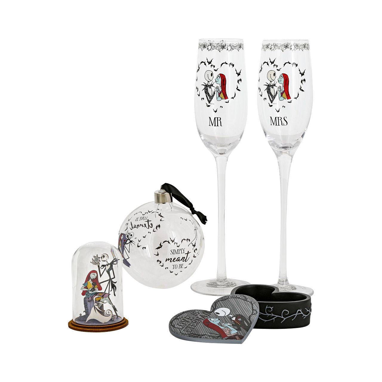 Disney Christmas Bauble Nightmare Before Christmas Bauble  This glass Nightmare Before Christmas bauble is the perfect gift to remind the happy couple that their eternal love is simply meant to be. The bauble is strung with black ribbon and is presented in a Disney branded gift box.