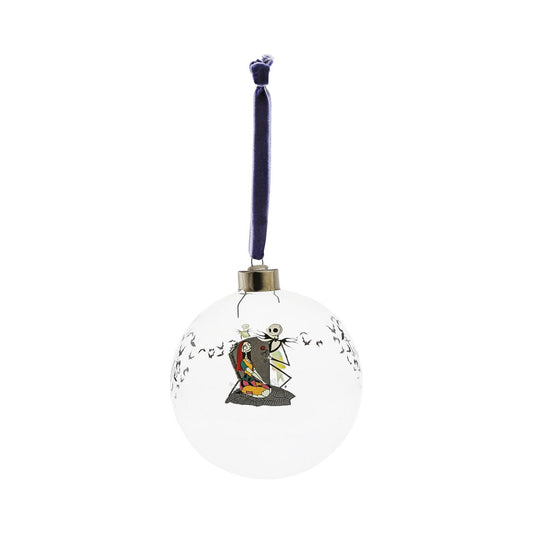 Disney Christmas Bauble Nightmare Before Christmas Bauble  This glass Nightmare Before Christmas bauble is the perfect gift to remind the happy couple that their eternal love is simply meant to be. The bauble is strung with black ribbon and is presented in a Disney branded gift box.