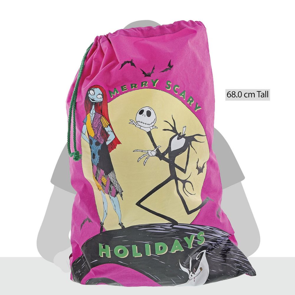 Nightmare before Christmas Sack - Sandy Claws Is Coming  Celebrate Christmas or Halloween with this Nightmare Before Christmas sack. Presented with a giftable hangtag this wonderful sack creates a unique gift, which can be enjoyed year after year. Material: 100% Cotton featuring a ribbon loop to tie.