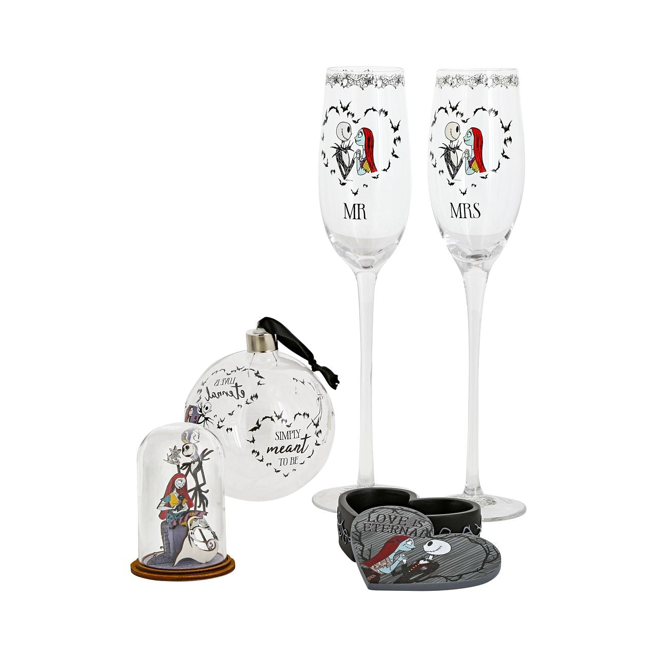 Nightmare Before Christmas Toasting Glasses  Raise a toast to Jack and Sally with the rest of the Halloween Town residents. The set of two glasses are the perfect gift and keepsake for the happy couple to use for any spooky occasion. This set of two flutes have long stems to preserve the chilled temperature of their contents.