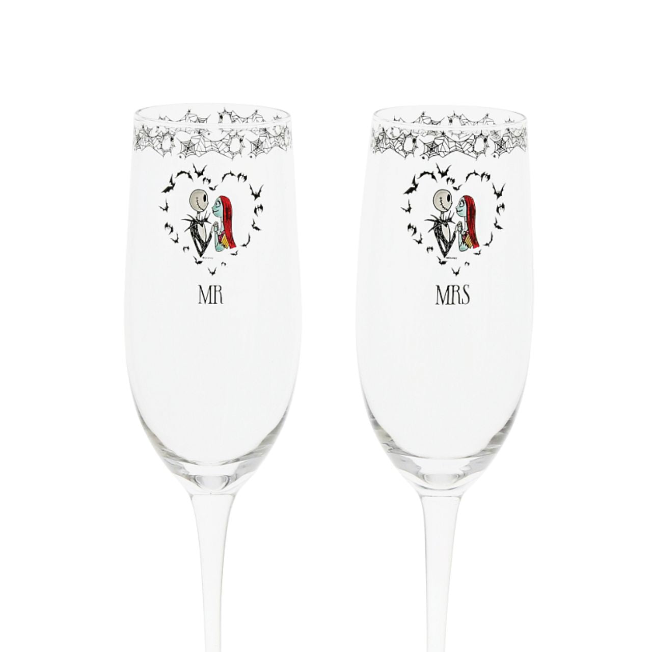 Nightmare Before Christmas Toasting Glasses  Raise a toast to Jack and Sally with the rest of the Halloween Town residents. The set of two glasses are the perfect gift and keepsake for the happy couple to use for any spooky occasion. This set of two flutes have long stems to preserve the chilled temperature of their contents. 