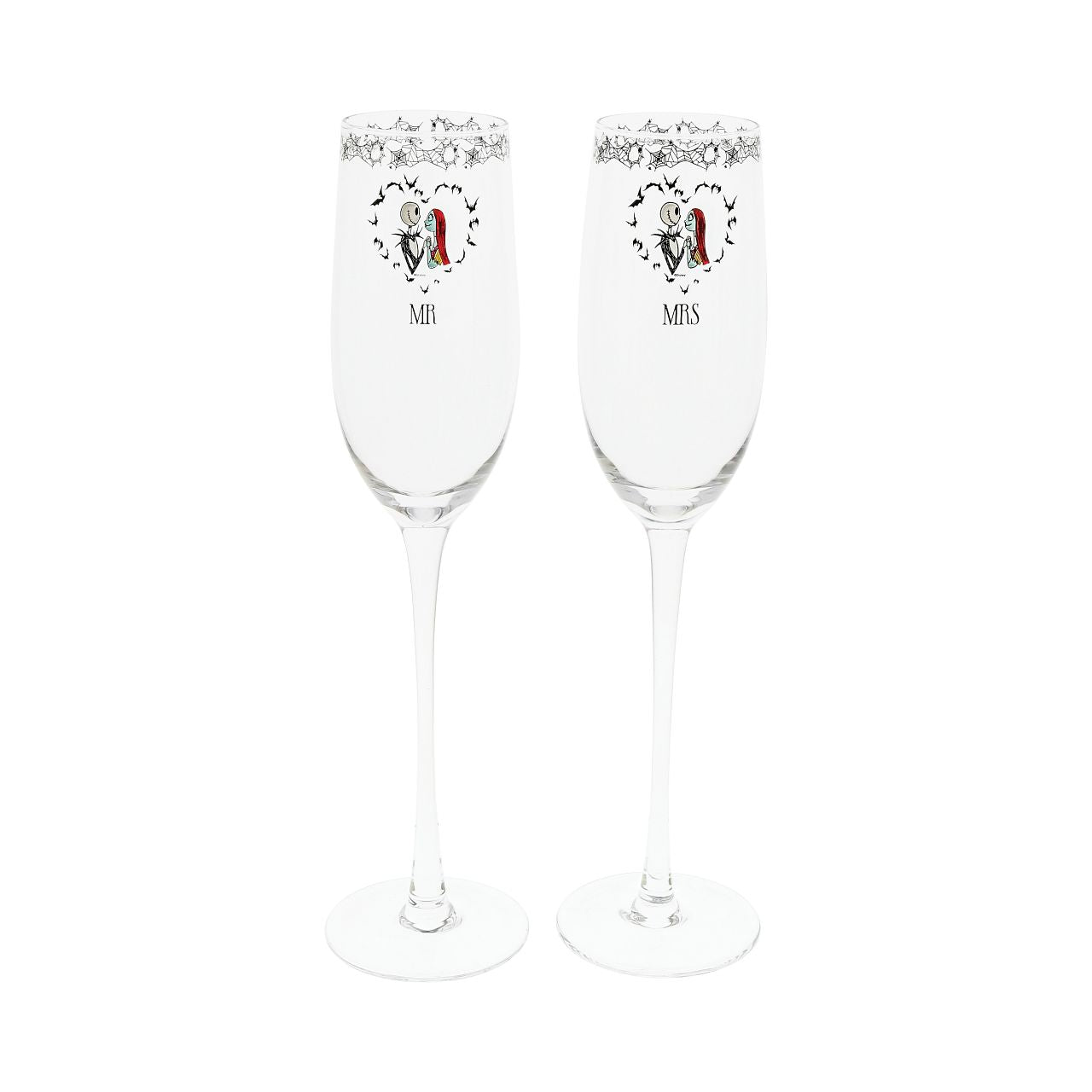 Nightmare Before Christmas Toasting Glasses  Raise a toast to Jack and Sally with the rest of the Halloween Town residents. The set of two glasses are the perfect gift and keepsake for the happy couple to use for any spooky occasion. This set of two flutes have long stems to preserve the chilled temperature of their contents.