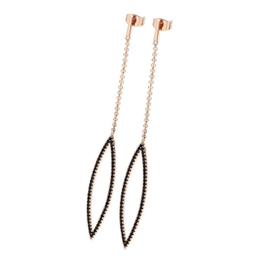 Tipperary Crystal Noir Rose Gold Drop Chain Black CZ Eye Earrings  The epitome of elegance and sophistication these earrings are truly stunning. Crafted in rose gold, a chic eye-shaped piece with black czs suspends gracefully from a shimmering cable chain which is attached to black cz encrusted bar. Truly magnificent. They secure comfortably with pushbacks.