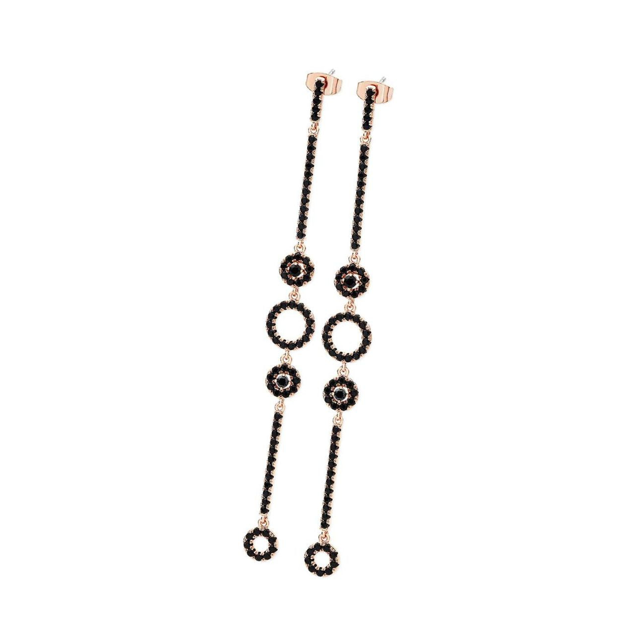 Tipperary Crystal Noir Rose Gold Hoop & Stem Drop Earrings  These exquisite drop earrings can be worn on a night out or to dress up casual wear. Fashioned in rose gold these art deco drop earnings are adorned with smouldering back crystals and secure comfortably with push backs.