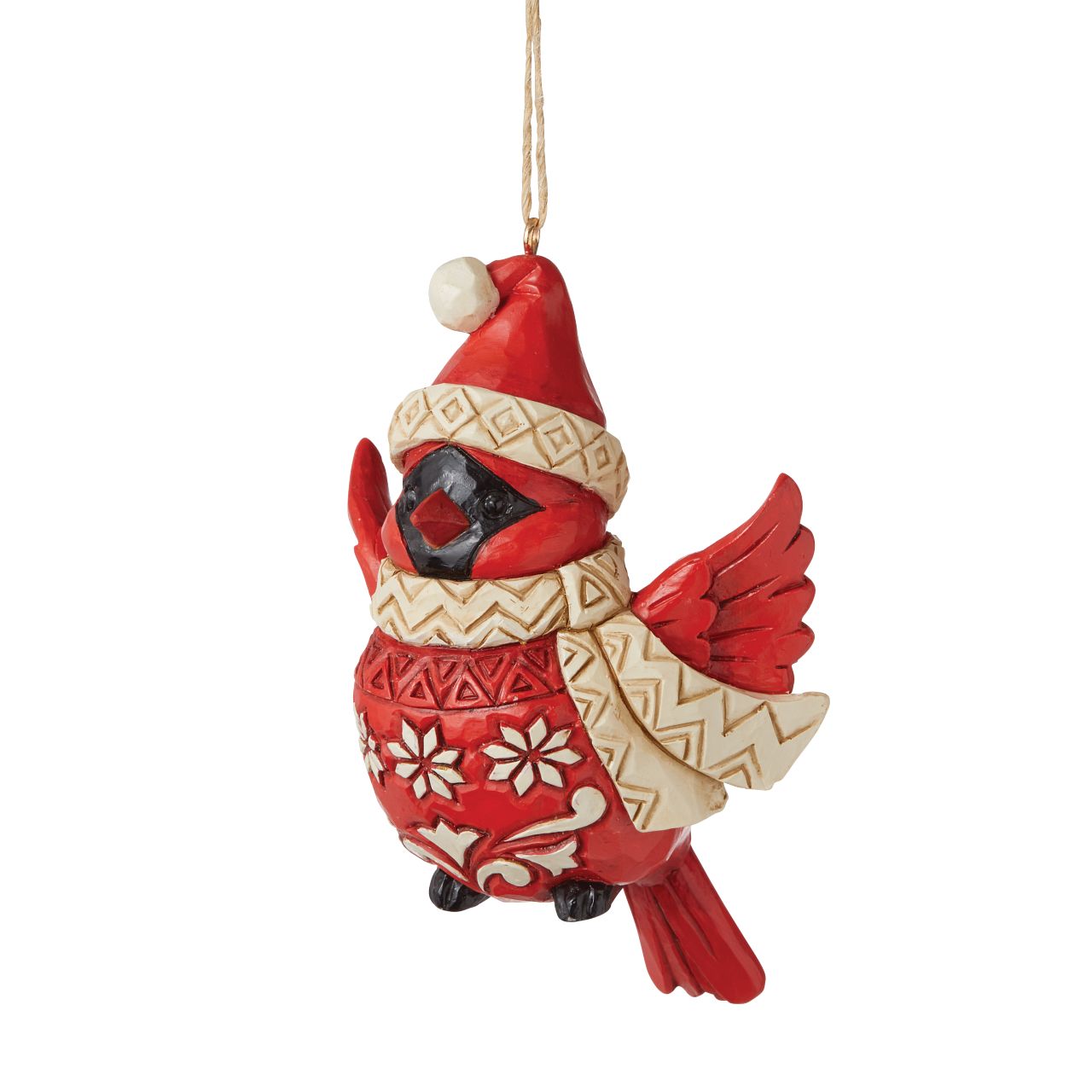Nordic Noel Cardinal Christmas Hanging Ornament  Tweet your heart out alongside this cheery cardinal ornament. Wearing a patterned Santa hat and matching scarf, this charismatic cutie seems to flutter between your tree's branches with holiday excitement. With folksy patterned plumage, he soars.