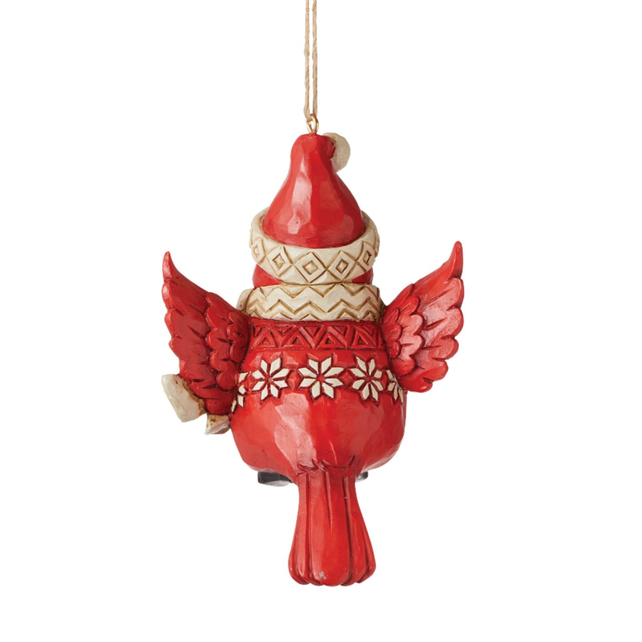 Nordic Noel Cardinal Christmas Hanging Ornament  Tweet your heart out alongside this cheery cardinal ornament. Wearing a patterned Santa hat and matching scarf, this charismatic cutie seems to flutter between your tree's branches with holiday excitement. With folksy patterned plumage, he soars.