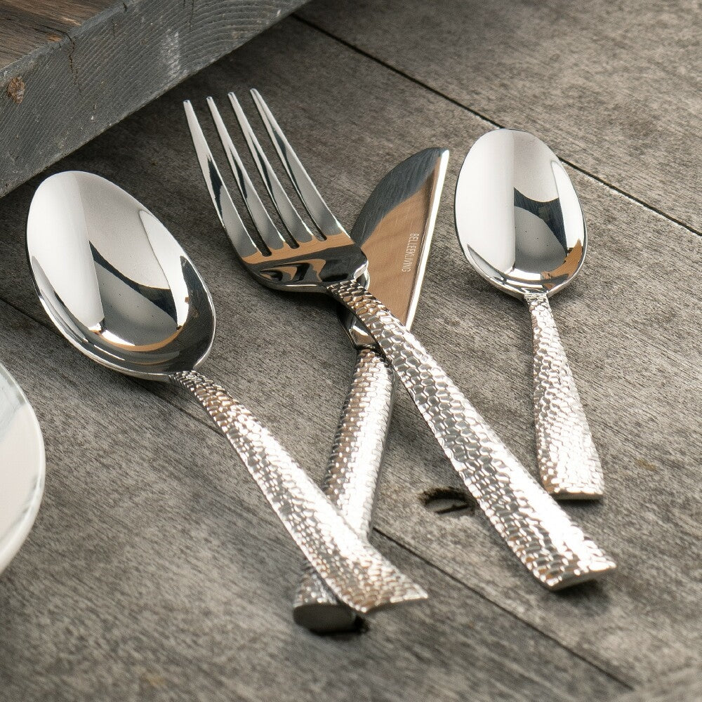 Belleek Living Nordica 24 Piece Cutlery Set  This Nordica 24 Piece Cutlery Set is a Stainless Steel set with hammered handles. Suitable for those who wish to have something a little different on their table. Made from 18/10 graded stainless steel, this cutlery set is of the best quality.