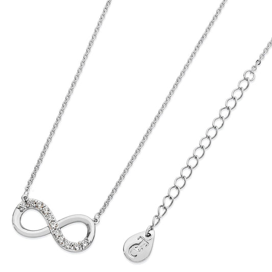 Tipperary Crystal Part Stone Set Infinity Pendant Silver  The pendant is from our Infinity Collection.  Sleek, sophisticated and eternally elegant, gift that special someone with this shimmering necklace and celebrate your eternal love. This design is on trend in cool silver and features a ﬂowing inﬁnity symbol adorned with a glittering splash of bright clear crystals.