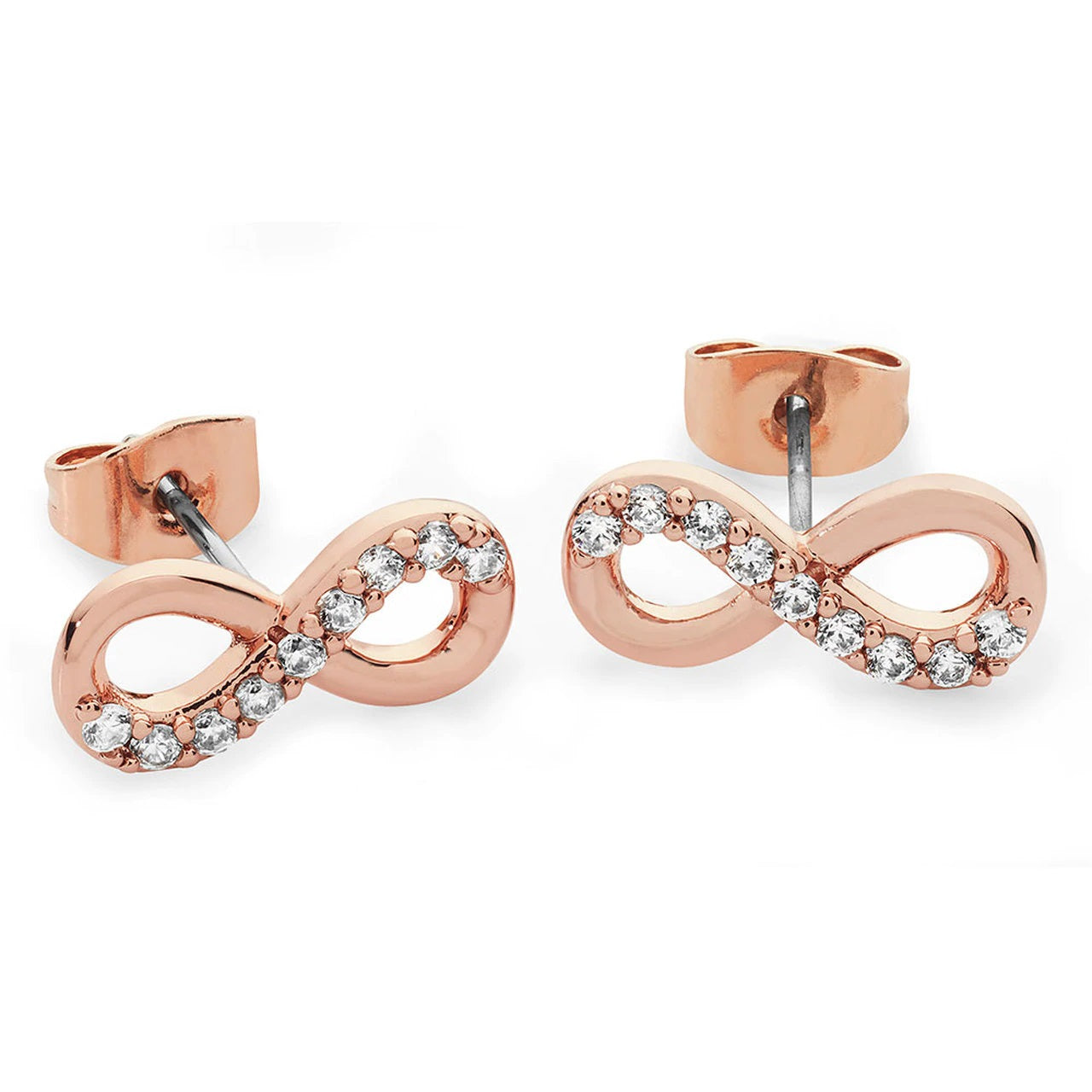 Tipperary Crystal Part Stone Set Infinity Stud Earrings Rose Gold  These  earrings are from our Infinity Collection. These elegant earrings are a beautiful expression of “reﬁned style”. The romantic rose gold design features a symetrical inﬁnity symbol partially lined with a row of dazzling round clear crystals. Finished with a bright polished lustre, they secure comfortably with push backs.