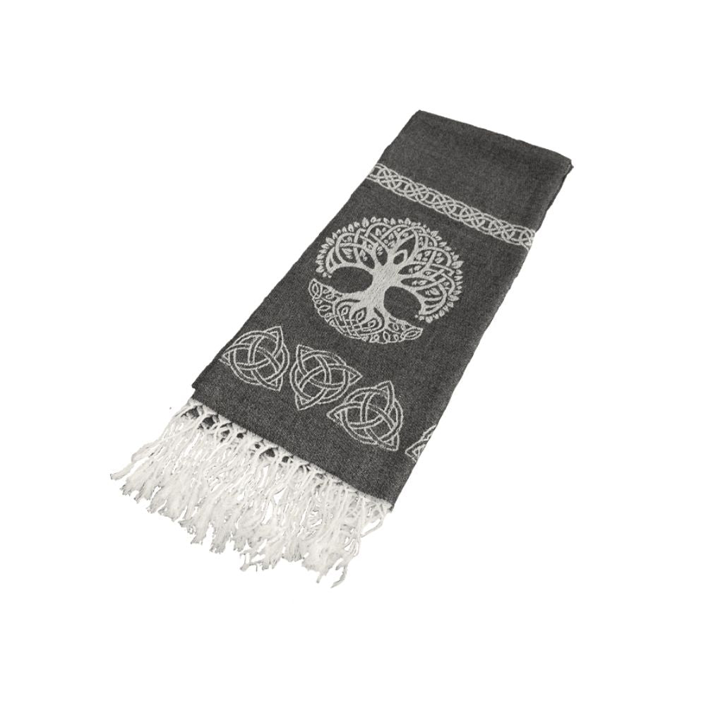 Pashmina Scarf Charcoal With Tree Of Life Design  This is a luxurious pashmina scarf from Ireland. Beautiful soft cotton and fine silk combine to make the elegant shawl, wrap or scarf – whichever way you chose to wear it.