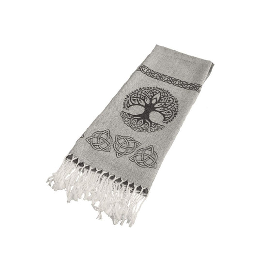 Tree Of Life Pashmina Scarf Light Grey  This is a luxurious pashmina scarf from Ireland. Beautiful soft cotton and fine silk combine to make the elegant shawl, wrap or scarf – whichever way you chose to wear it.
