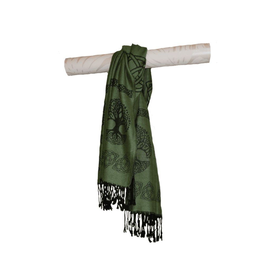 Pashmina Scarf with Tree of Life Green  This is a luxurious pashmina scarf from Ireland. Beautiful soft cotton and fine silk combine to make the elegant shawl, wrap or scarf – whichever way you chose to wear it.