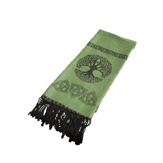 Pashmina Scarf with Tree of Life Green  This is a luxurious pashmina scarf from Ireland. Beautiful soft cotton and fine silk combine to make the elegant shawl, wrap or scarf – whichever way you chose to wear it.