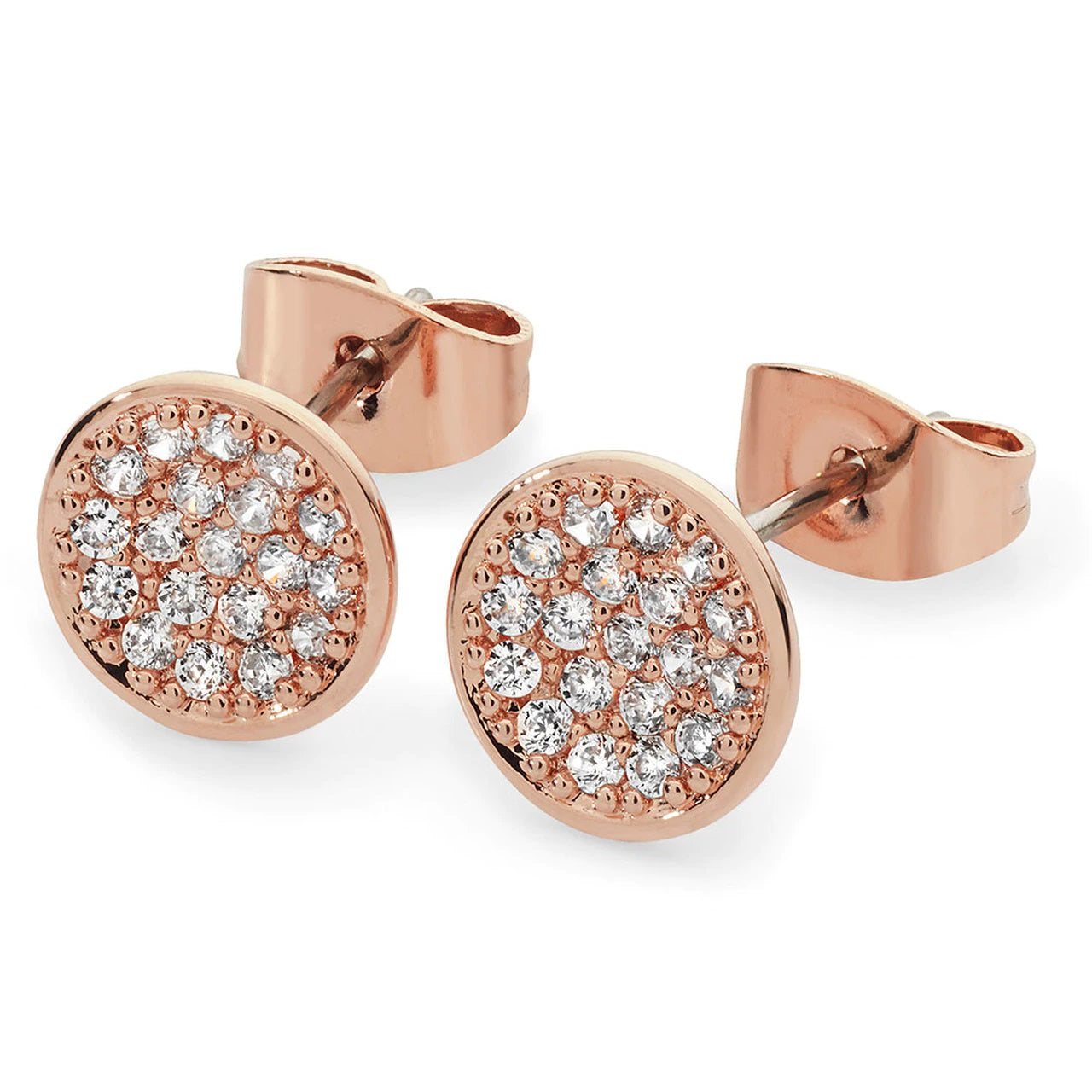Tipperary Crystal Pave Full Moon Earrings Rose Gold  Dainty and dazzling, these earrings are a mini version of our pavé moon pendant. Full of sparkle, these adorable rose gold earrings are covered in round micro-set clear crystals. They secure comfortably with push back closures.