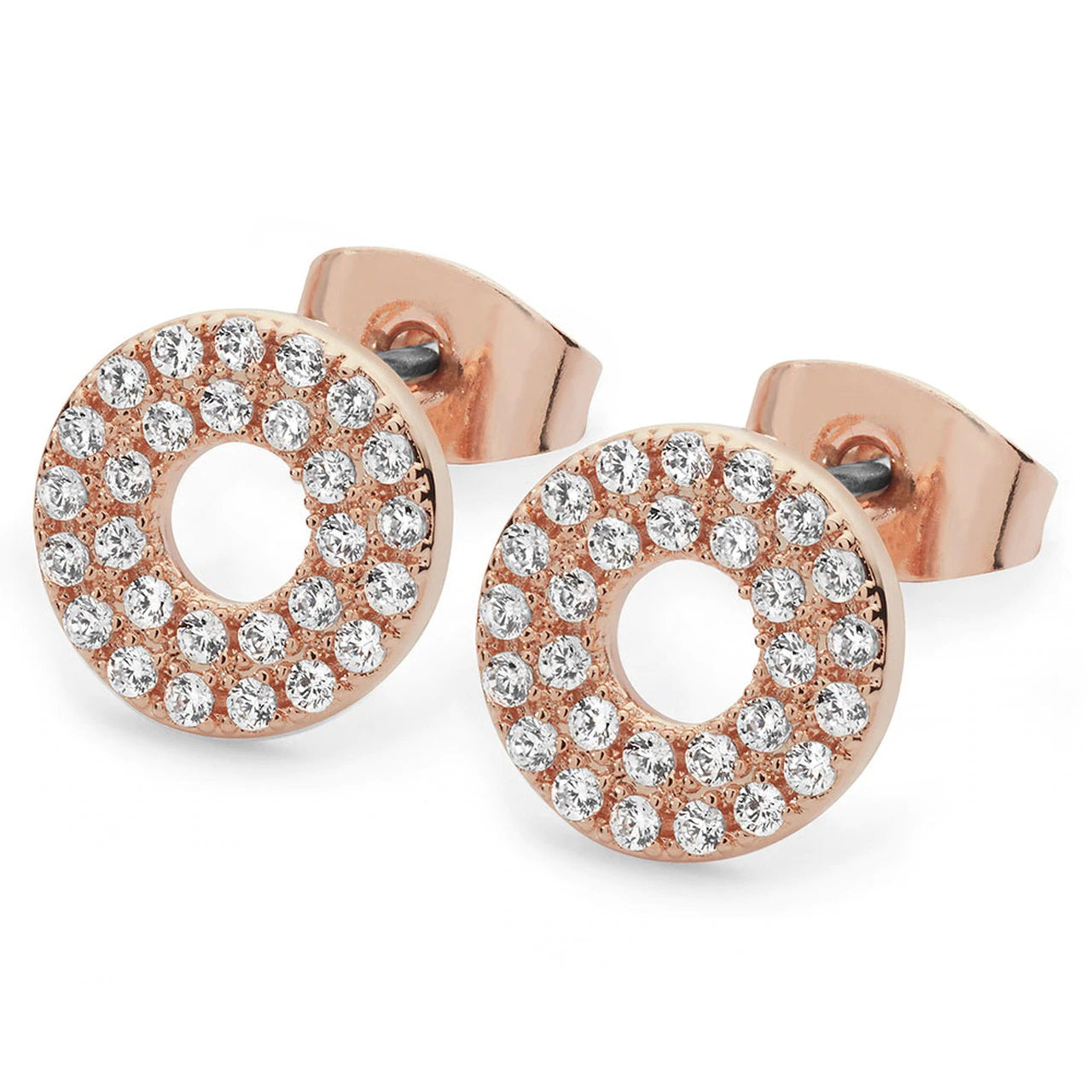 Tipperary Crystal Pave Triple Band Moon Earrings Rose Gold  Simple yet elegantly dazzling these clear stone circular stud earrings are the perfect partner to our triple band moon pendant.  These earrings are protected with an anti tarnish coating and comes presented in a beautiful gift box with ribbon. The earrings are from our Moon Collection.